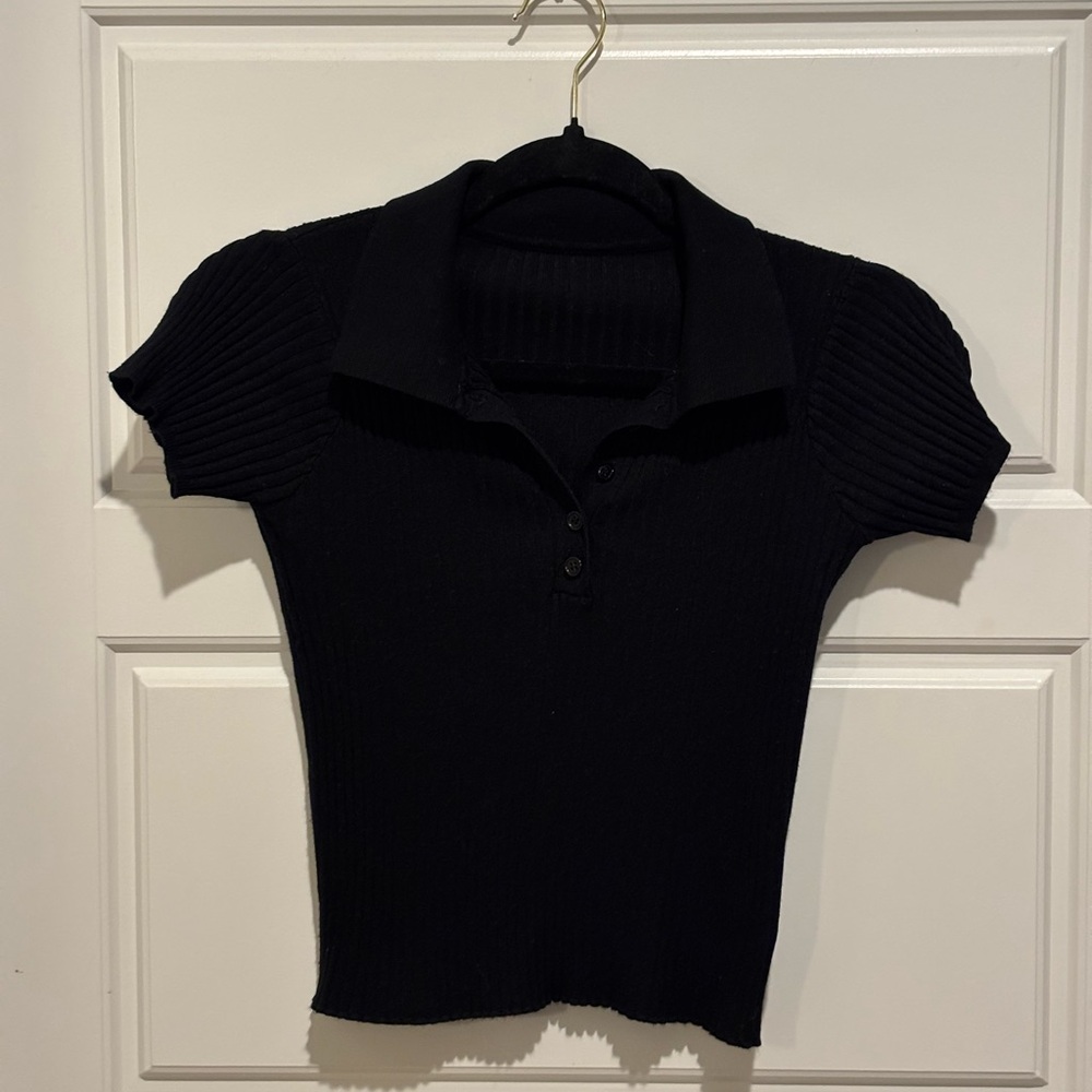 Black Ribbed Polo Collar Top